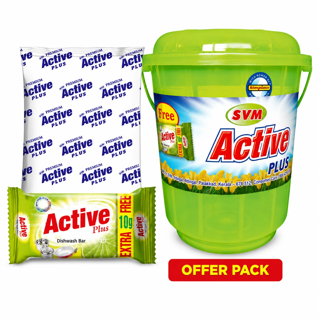 Active Plus Detergent Powder Offer Pack - FREE Dishwash Bar + Bucket